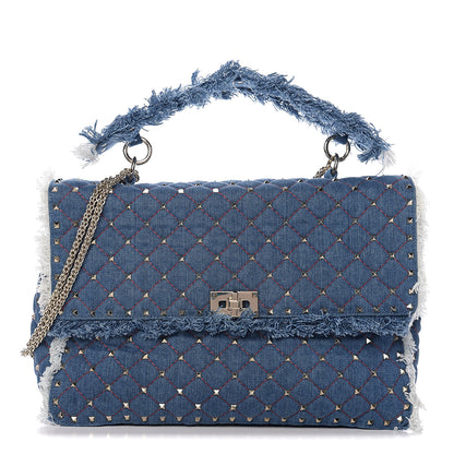 Valentino Garavani Denim Fringe Maxi Rockstud Spike Shoulder Bag Blue 1 of 8