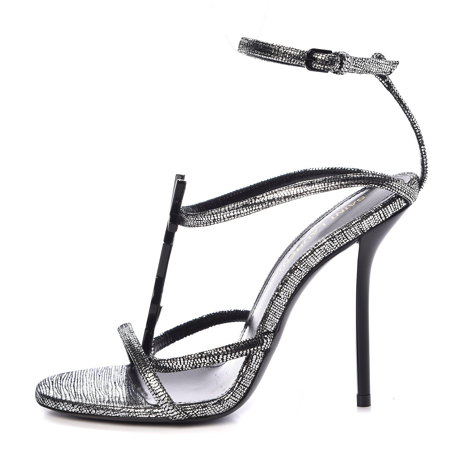 Saint Laurent Calfskin Cassandra 110 Ankle Strap Sandals 35 Argento 1 of 8