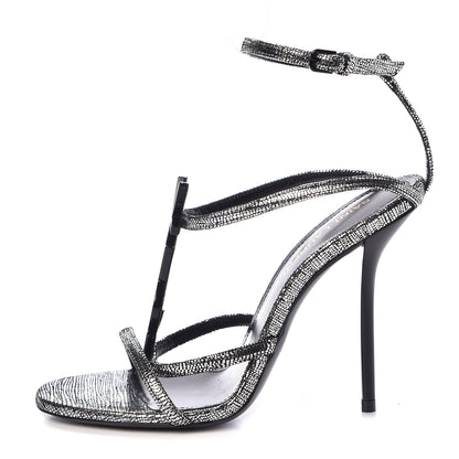 Saint Laurent Calfskin Cassandra 110 Ankle Strap Sandals 35 Argento 1 of 8