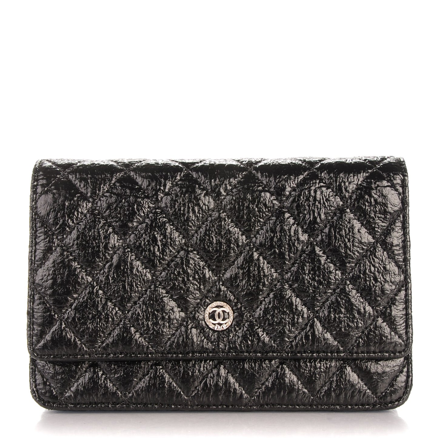 Distressed Patent Calfskin Quilted Wallet on Chain WOC Black