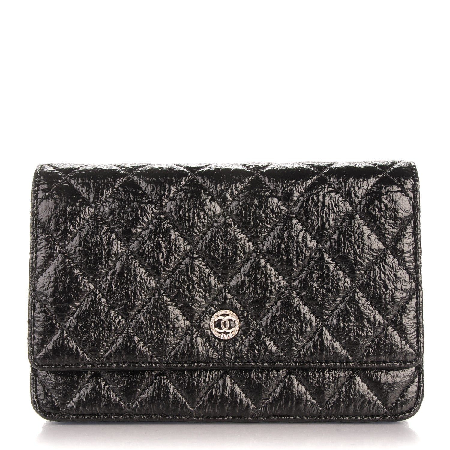 Chanel Distressed Patent Calfskin Quilted Wallet on Chain WOC Black 1 of 7