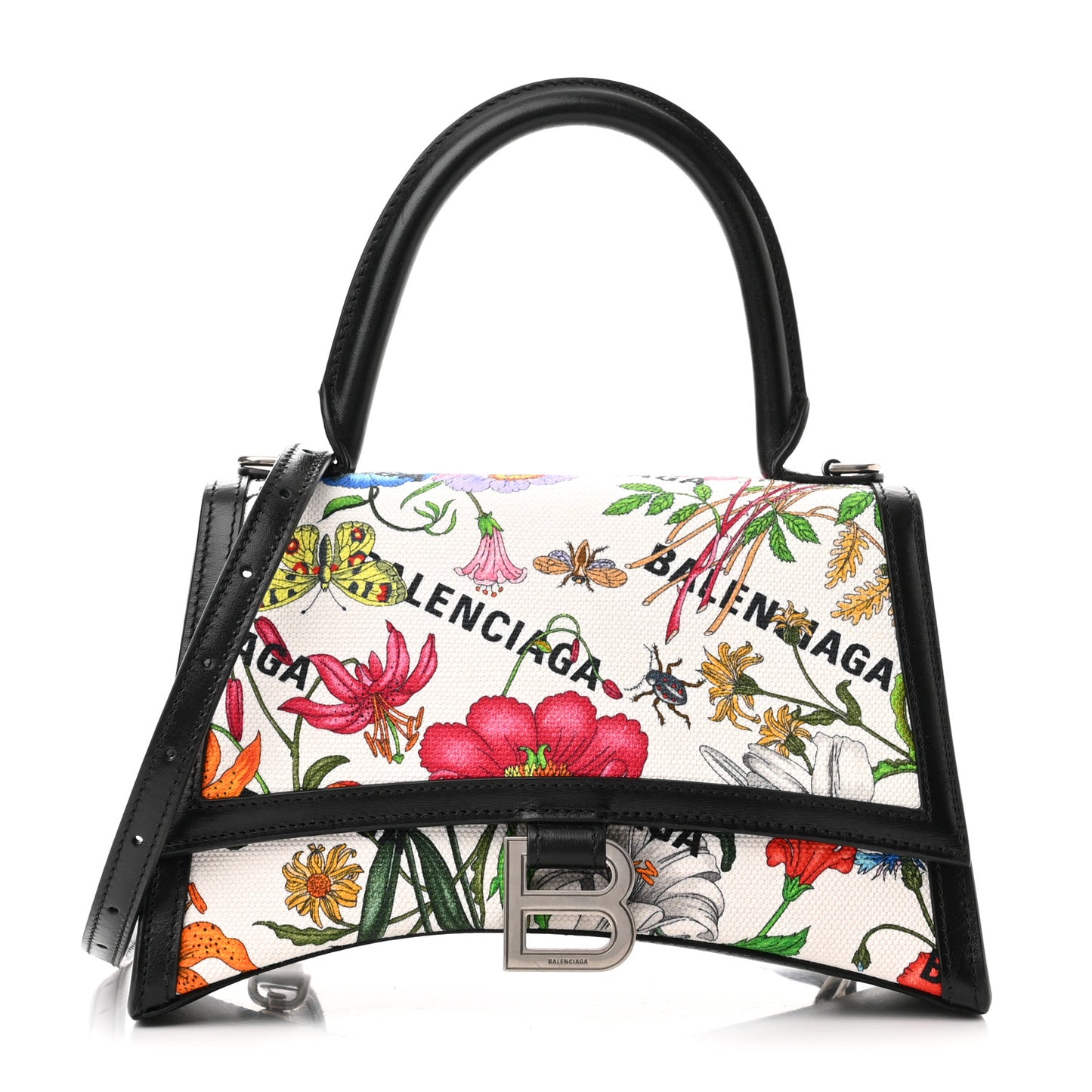 X GUCCI Canvas Boarded Plutone Calfskin Flora Logo Print Small Hourglass Top Handle Bag White Multicolor Black