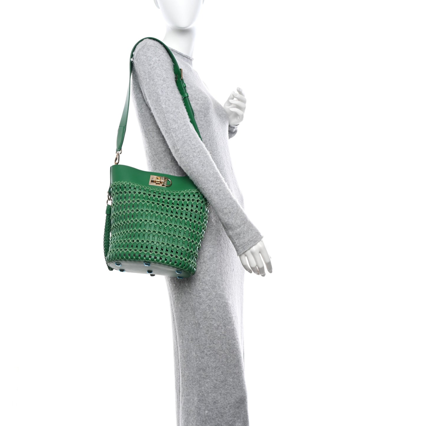 Calfskin Woven The Studio Bucket Bag Green
