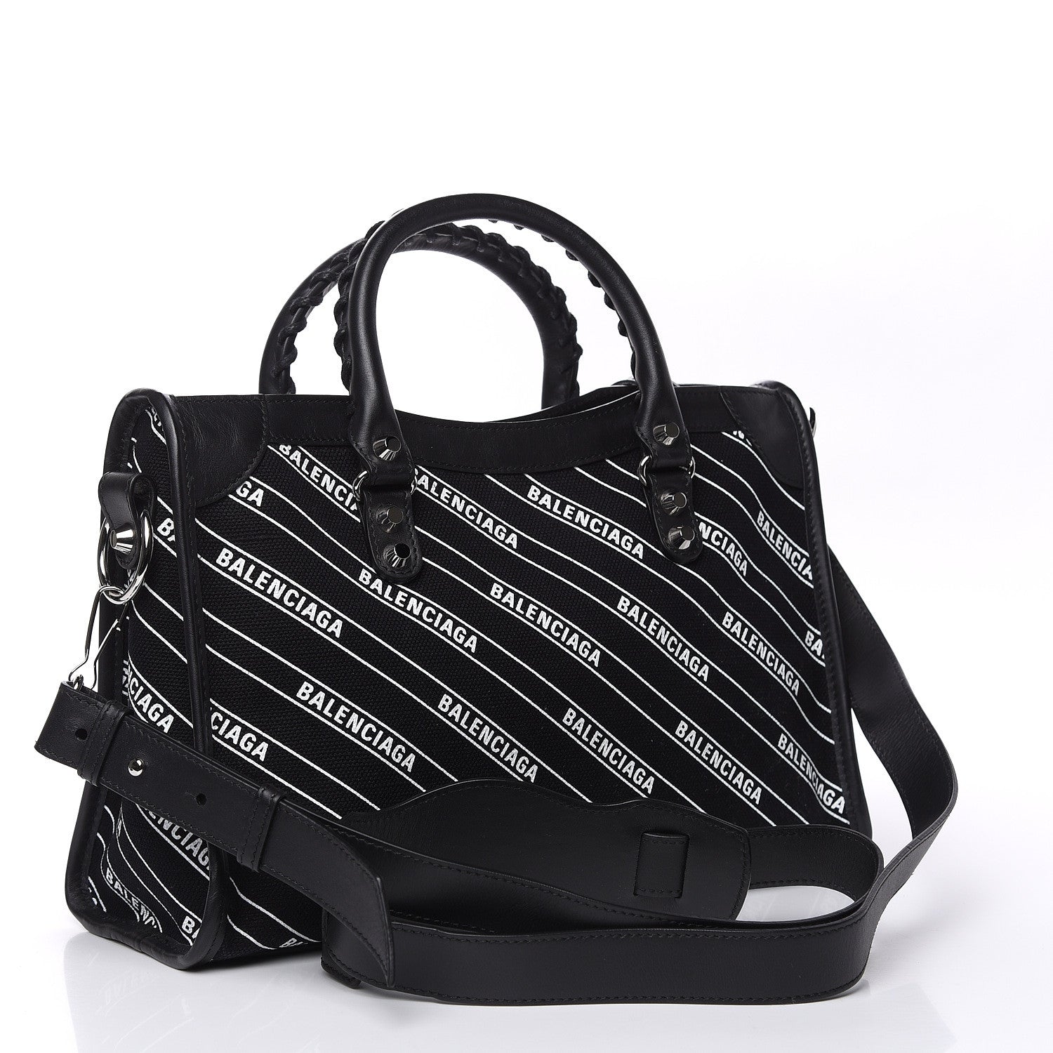 Balenciaga Canvas Satin Calfskin Diagonal Allover Logo Print Classic Silver Hardware S City Black White 3 of 9