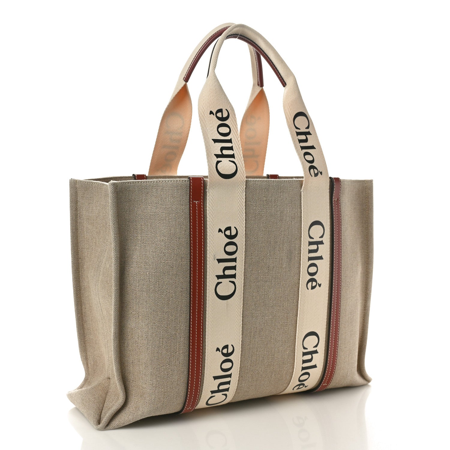 Chloe Linen Calfskin Large Woody Ribbon Tote White Brown 3 of 10