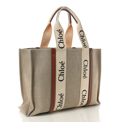 Chloe Linen Calfskin Large Woody Ribbon Tote White Brown 3 of 10