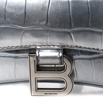 Balenciaga Metallic Calfskin Crocodile Embossed Hourglass Top Handle Bag XS Silver 11 of 14