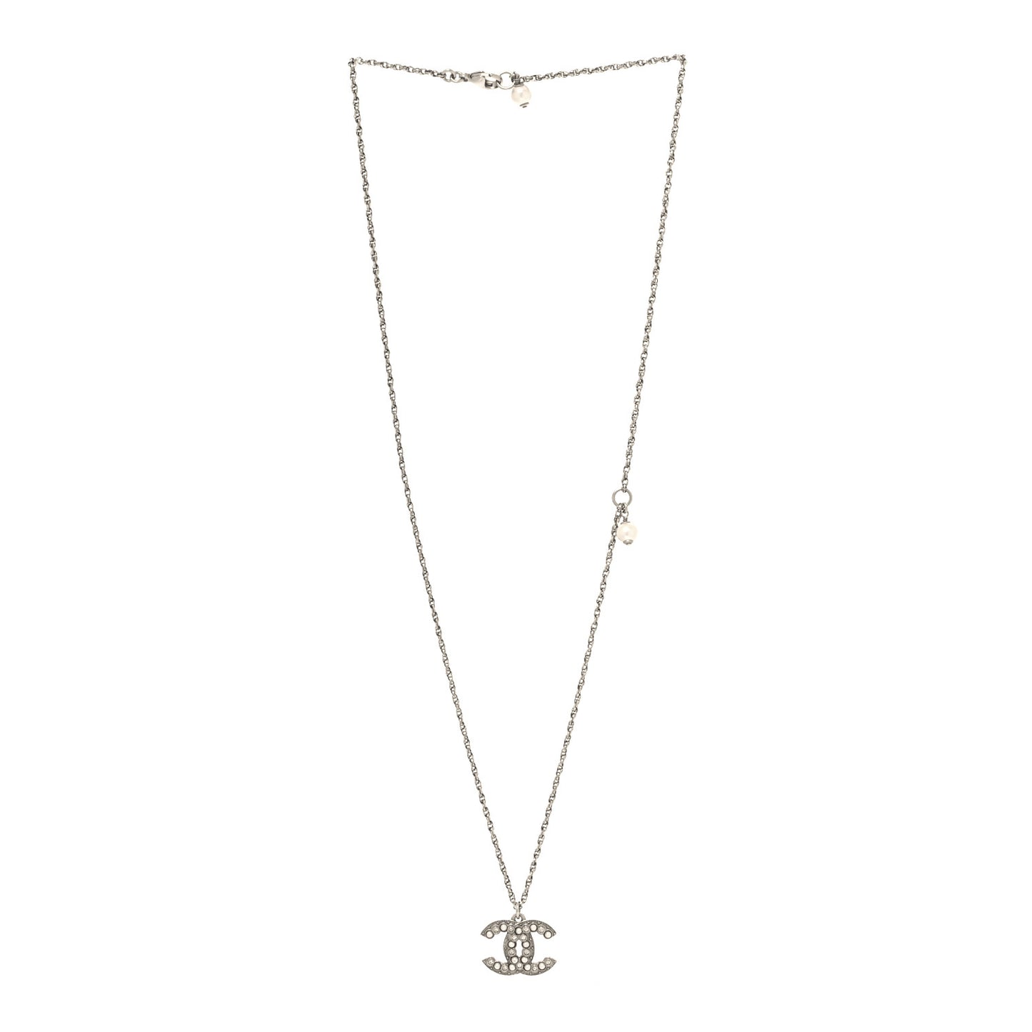 Pearl Crystal CC Pendant Necklace Silver