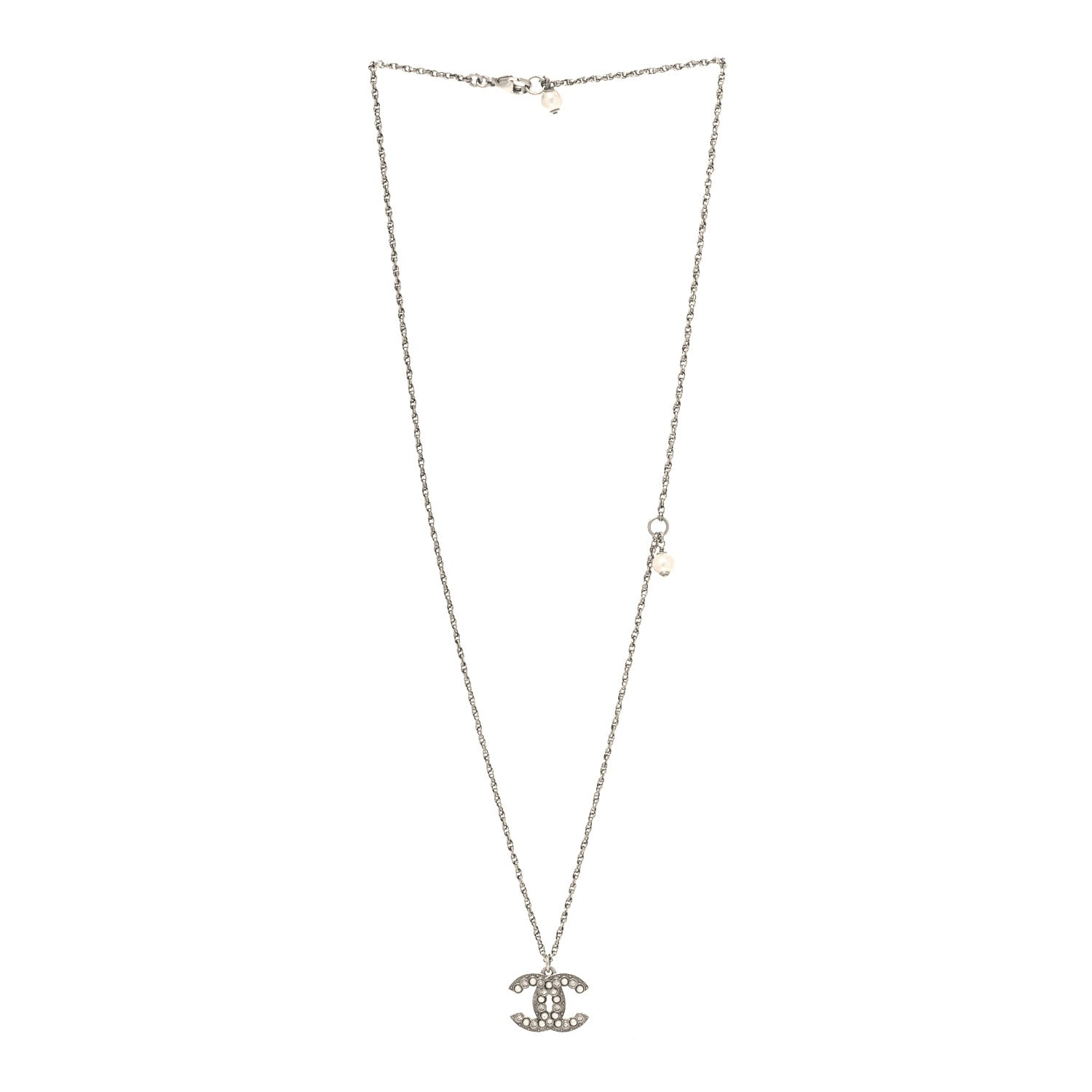 Chanel Pearl Crystal CC Pendant Necklace Silver 3 of 5