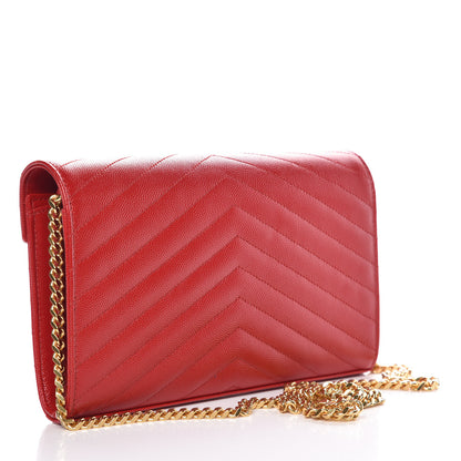 Saint Laurent Grain De Poudre Matelasse Chevron Monogram Chain Wallet Bandana Red 3 of 6