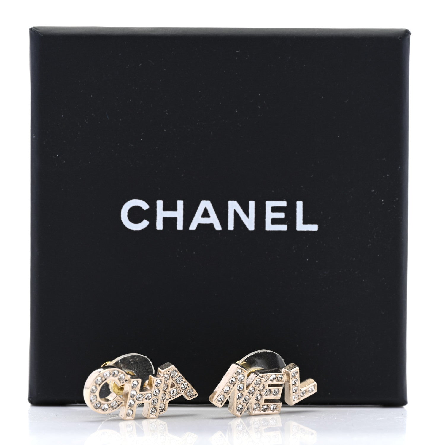 Chanel Crystal Cha-Nel Logo Earrings Gold 5 of 5