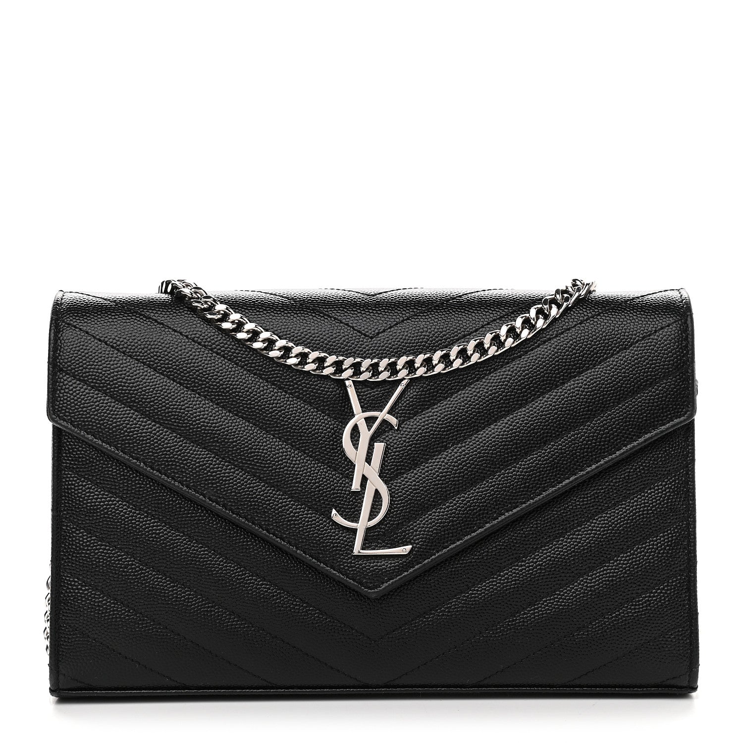 Saint Laurent Grain De Poudre Matelasse Chevron Monogram Chain Wallet Black 1 of 8
