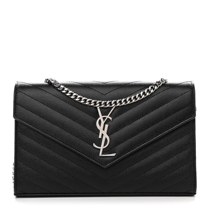 Saint Laurent Grain De Poudre Matelasse Chevron Monogram Chain Wallet Black 1 of 8
