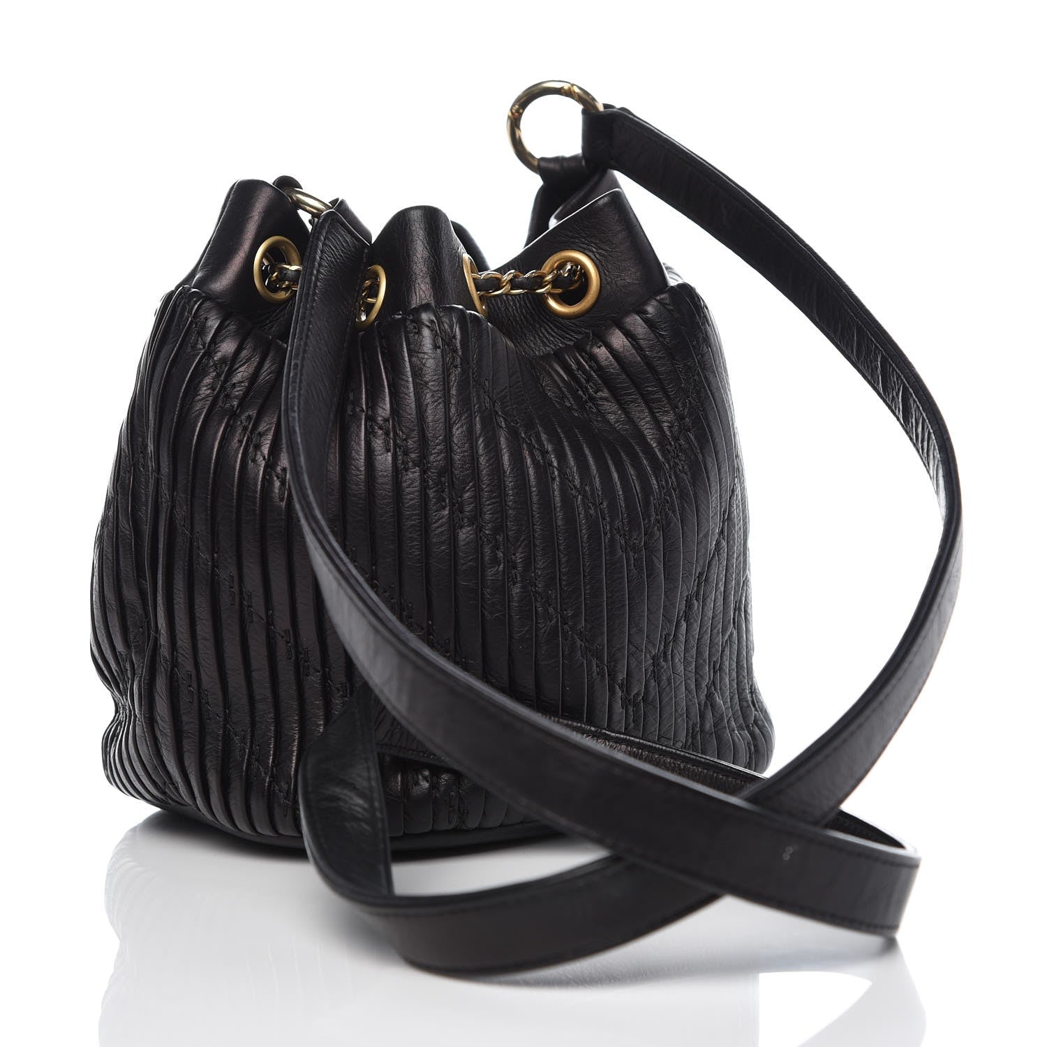 Chanel Iridescent Crumpled Calfskin Coco Pleats Small Drawstring Bag Black 3 of 14