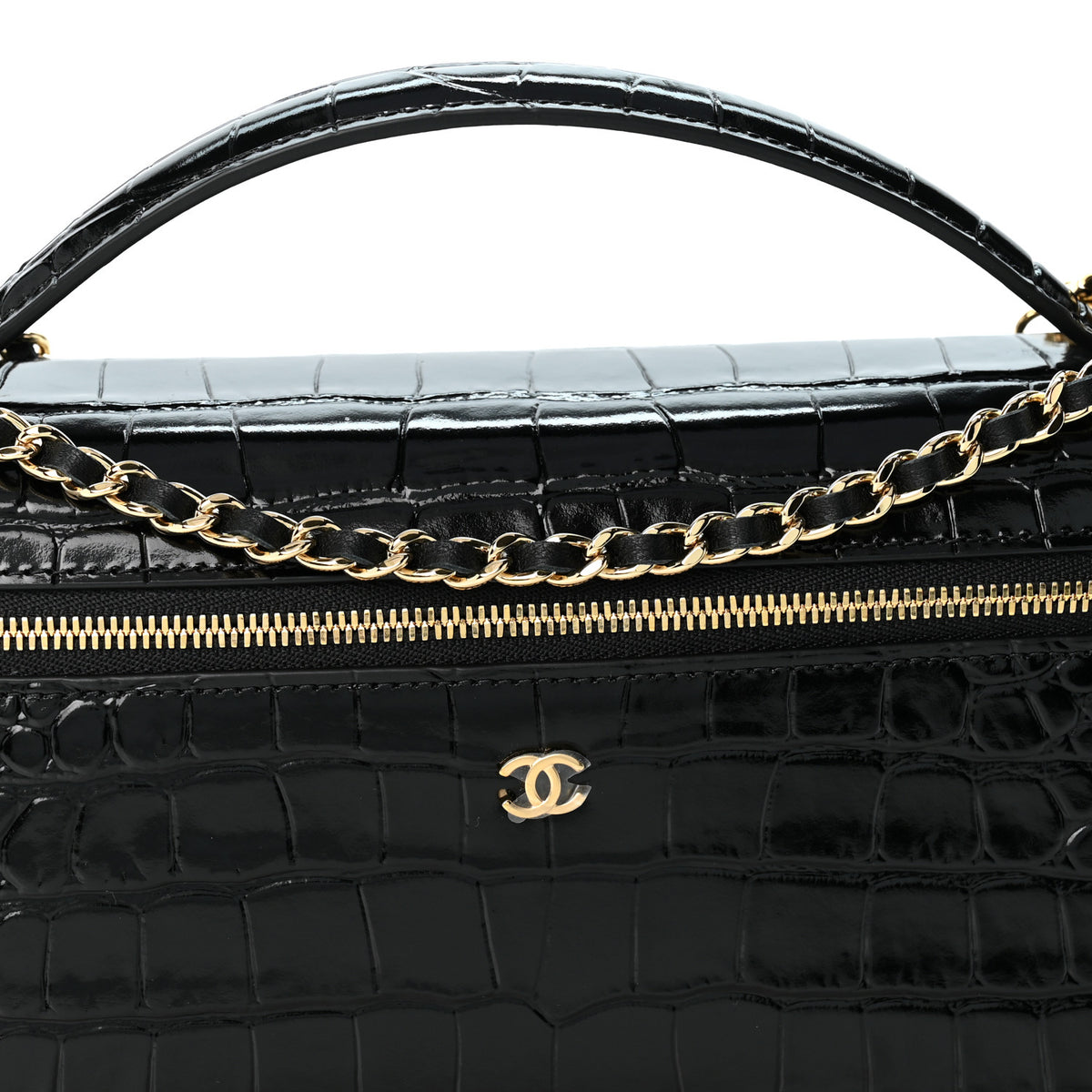 Calfskin Crocodile Embossed Crococo Top Handle East West Vanity Case With Chain Black