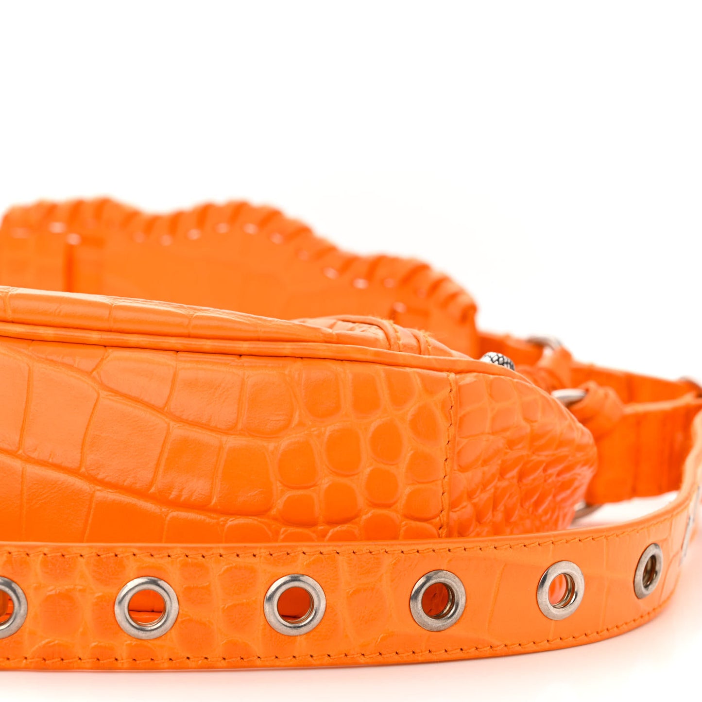 Extra Supple Calfskin Crocodile Embossed Le Cagole Shoulder Bag XS Pop Orange