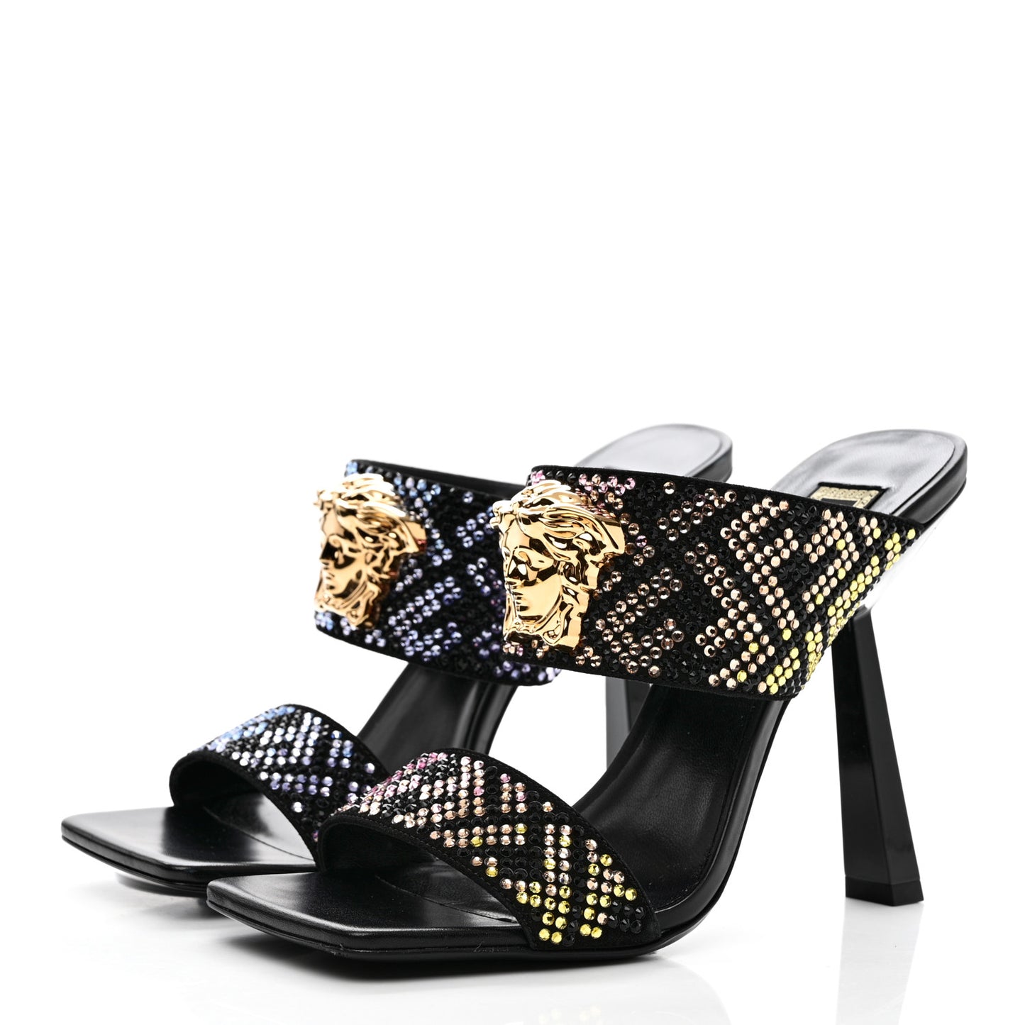 X FENDI Calfskin Crystal Fendace FF Medusa High Heel Mule Sandals 38 Black Multicolor