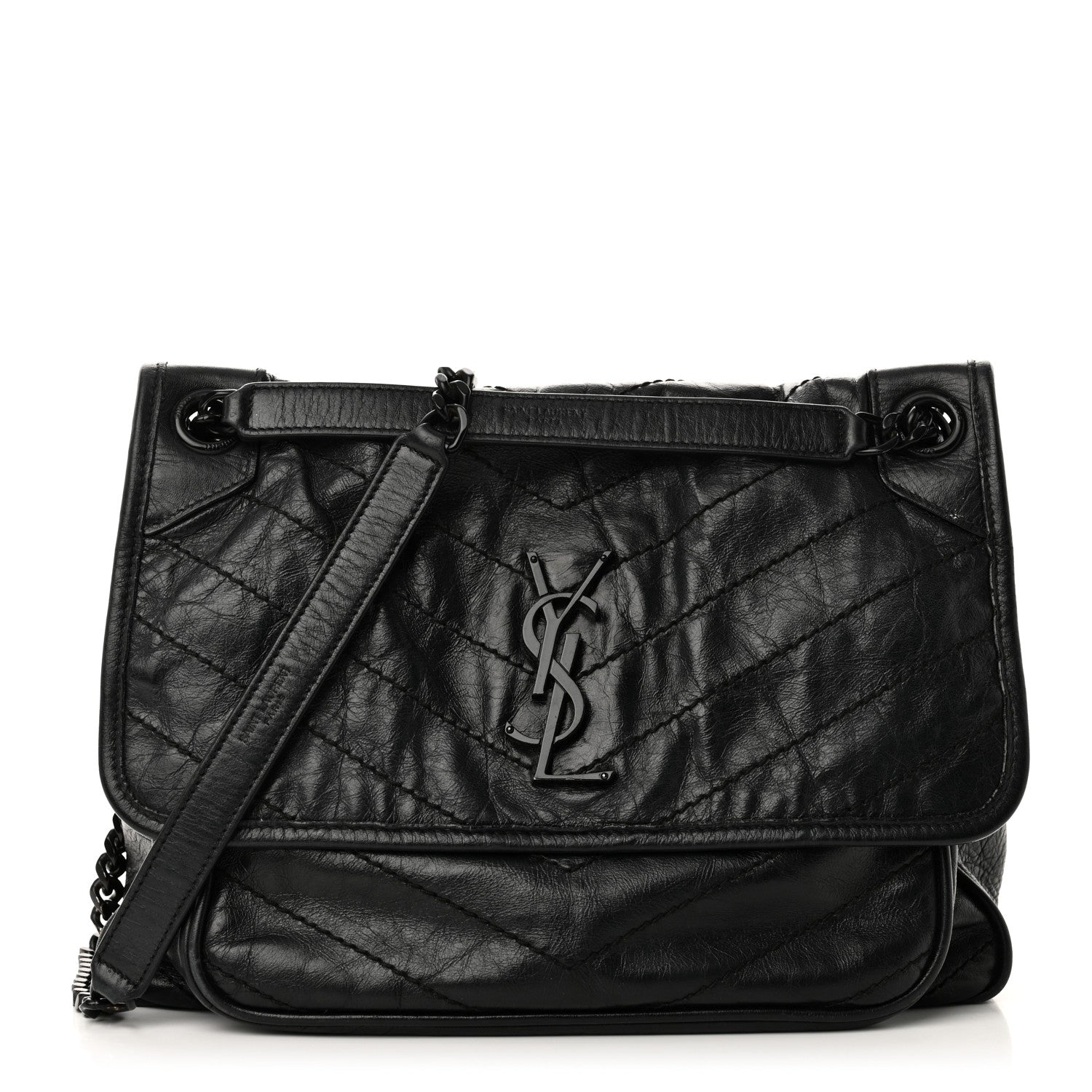 Saint Laurent Crinkled Calfskin Matelasse Monogram Medium Niki Chain Satchel Black 1 of 9