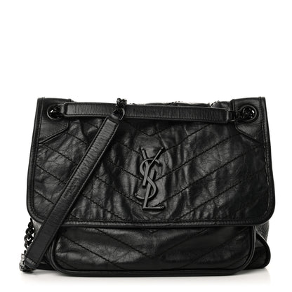 Saint Laurent Crinkled Calfskin Matelasse Monogram Medium Niki Chain Satchel Black 1 of 9