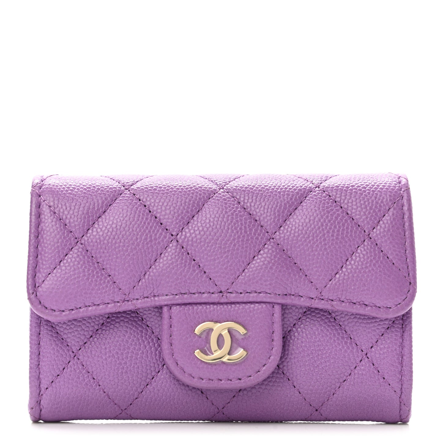 Caviar Quilted Flap Card Holder Wallet Purple