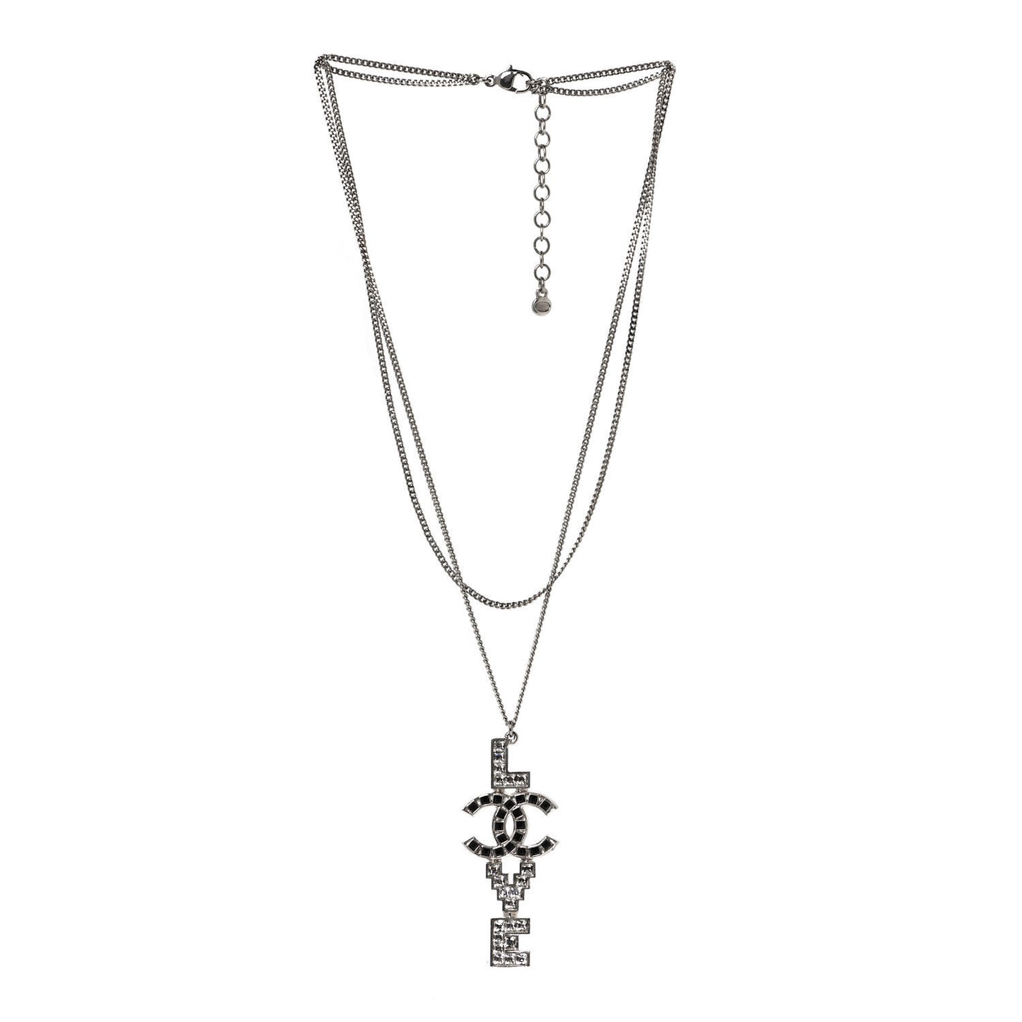 Baguette Crystal Coco Love CC Pendant Necklace Silver Black