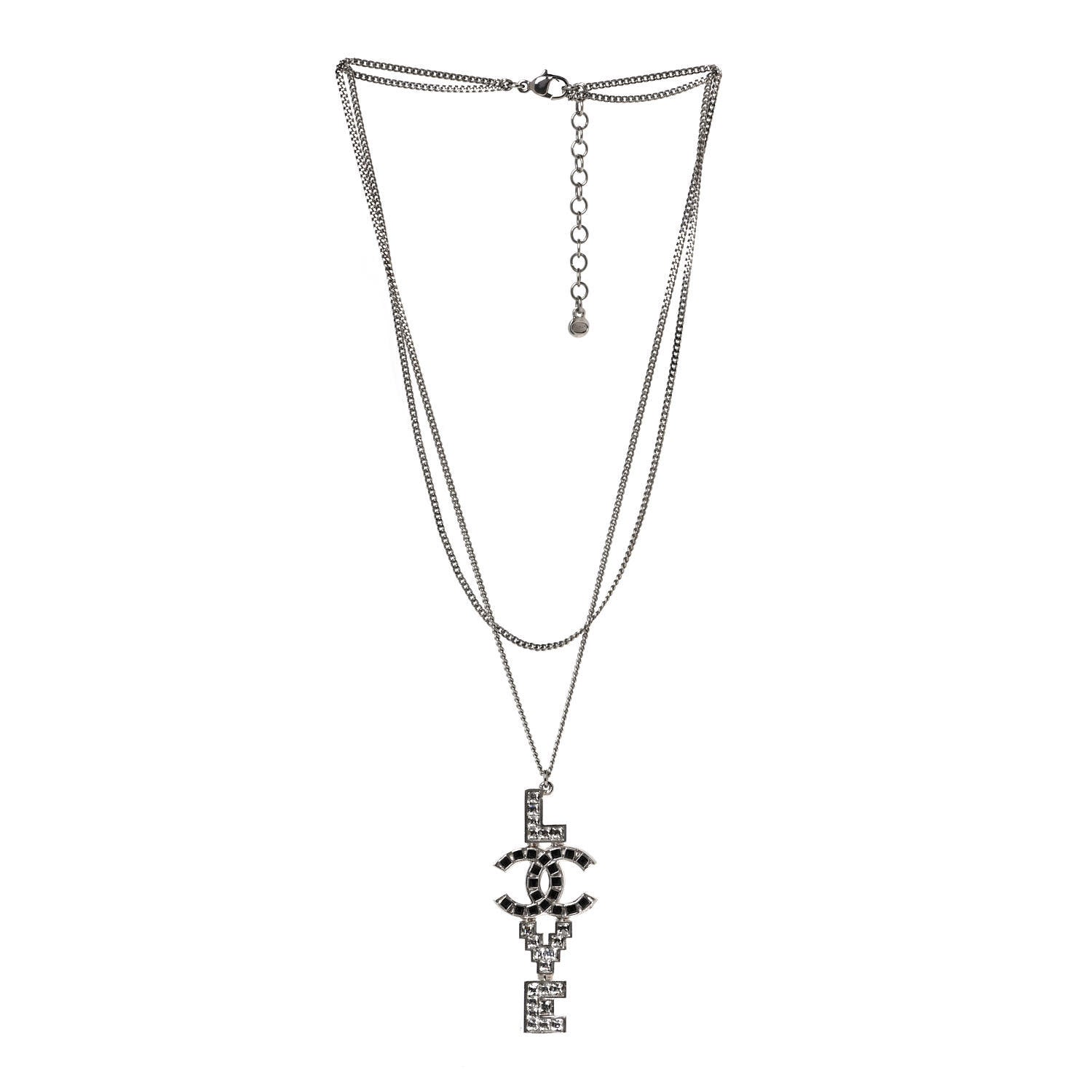 Chanel Baguette Crystal Coco Love CC Pendant Necklace Silver Black 3 of 7