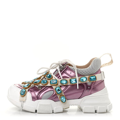 Gucci X SEGA Metallic Calfskin Mesh Removable Crystals Womens Flashtrek Sneakers 37 Rosa Great White Silver 1 of 6