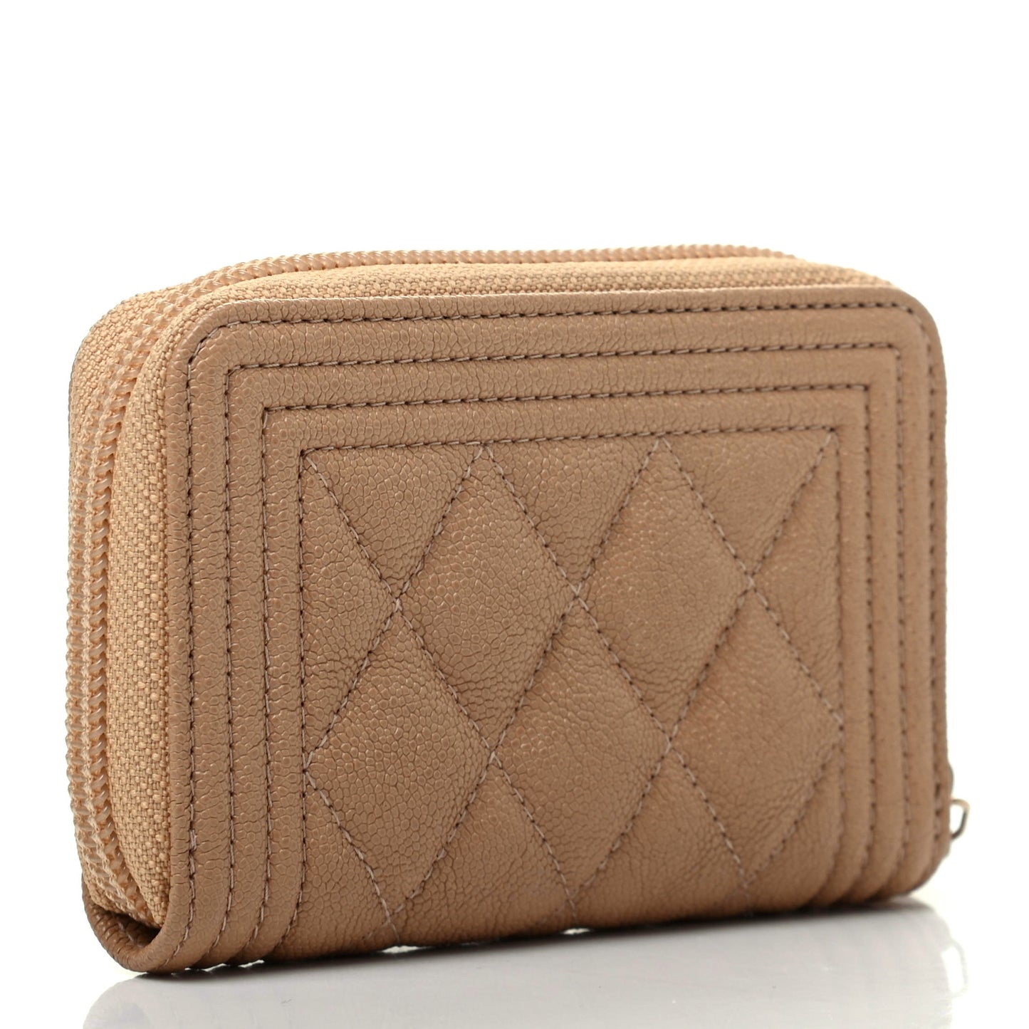Caviar Quilted Boy Zip Around Coin Purse Wallet Beige