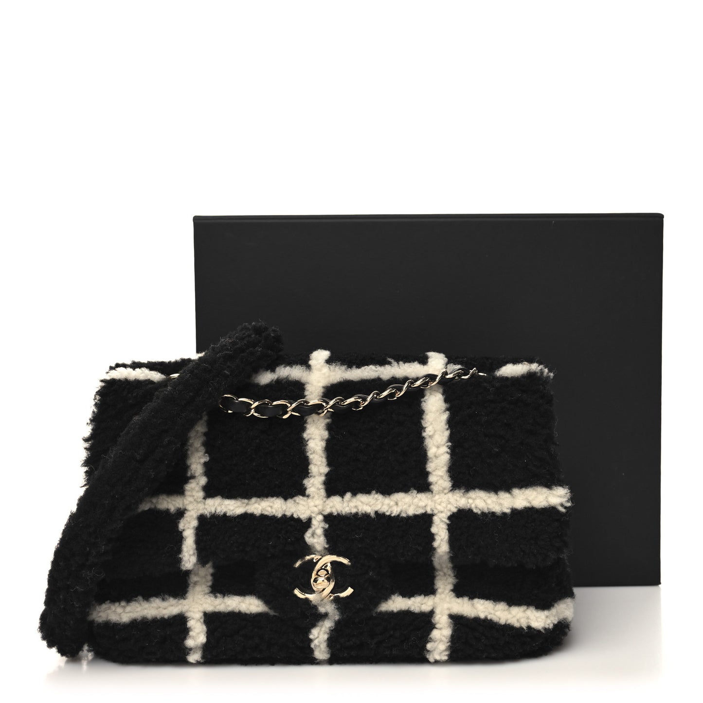 Shearling Lambskin Large Fluffy Tartan Single Flap Black White