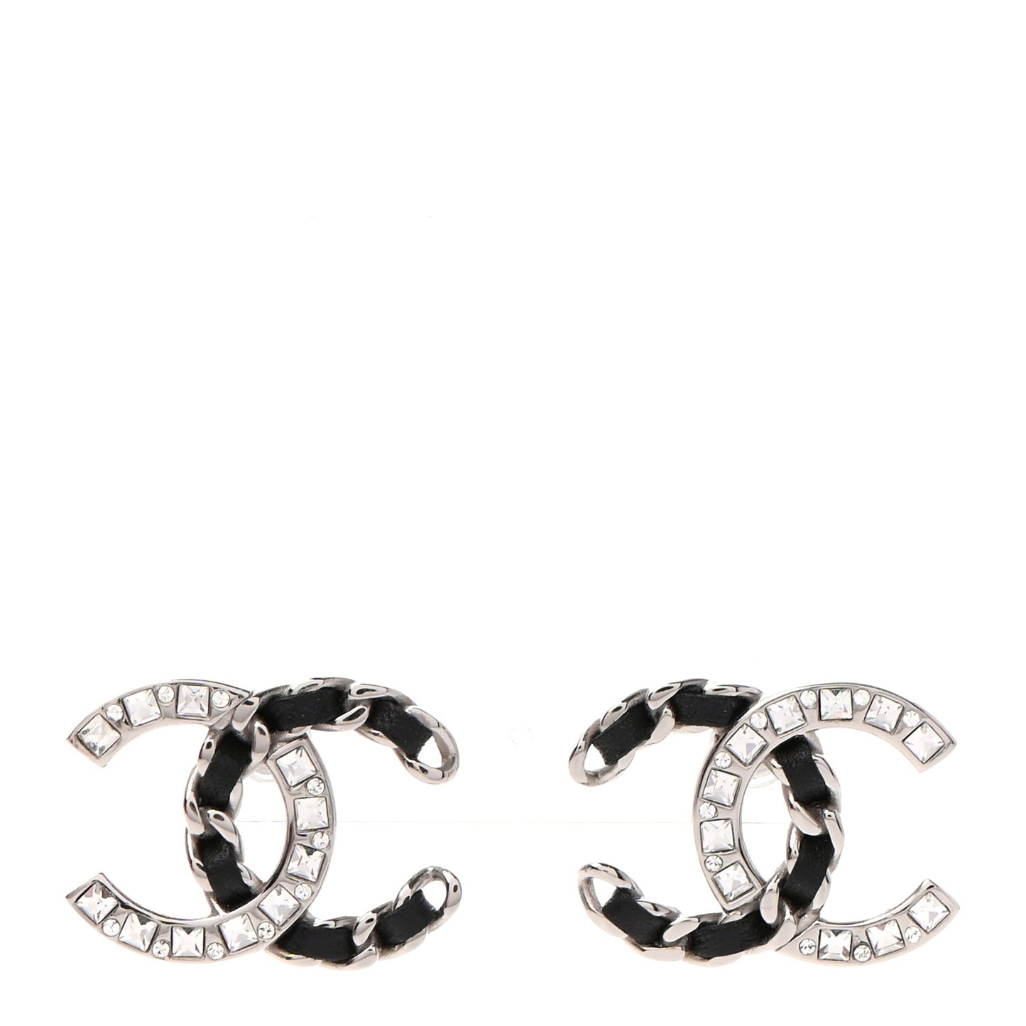Crystal Baguette Lambskin Large CC Earrings Silver Black