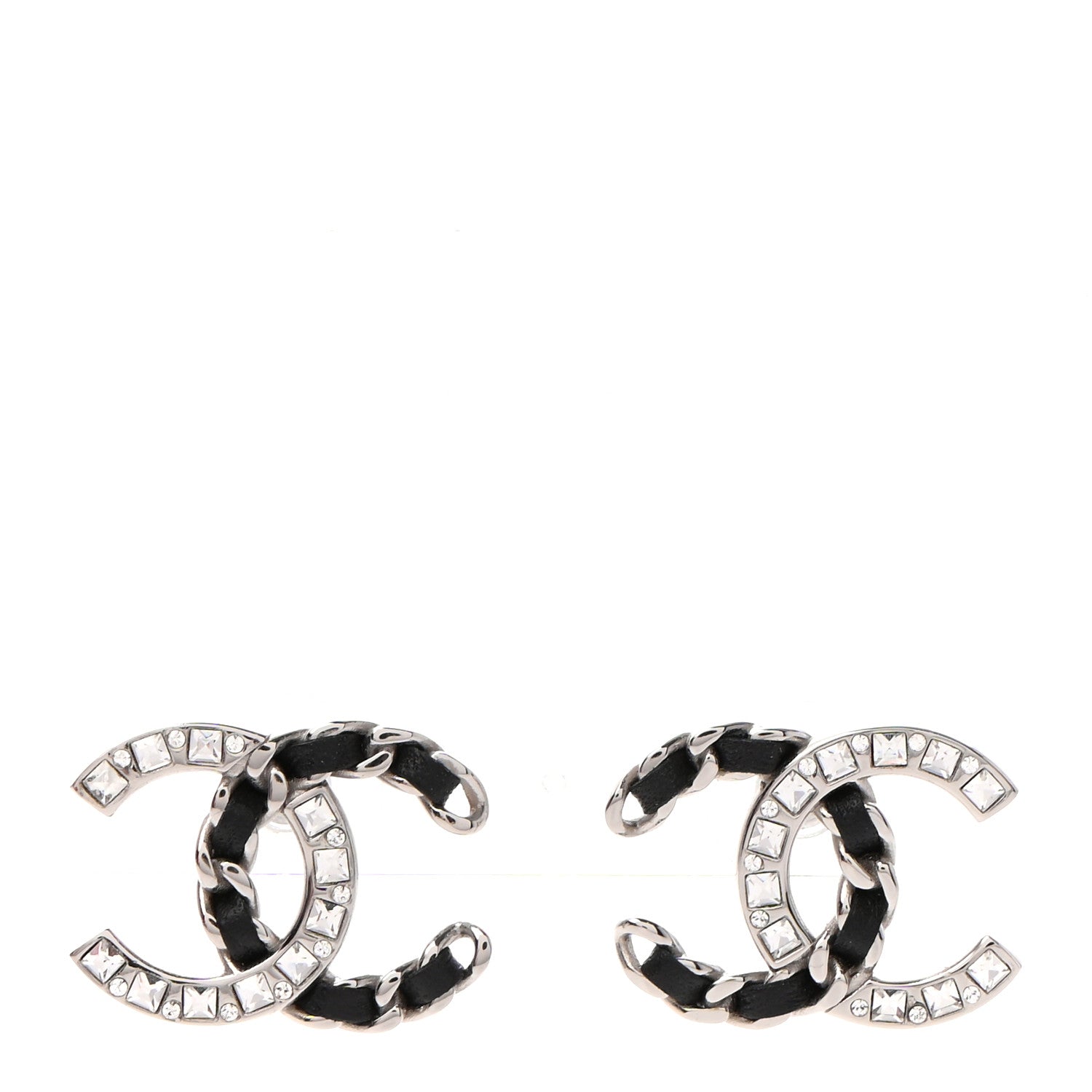 Chanel Crystal Baguette Lambskin Large CC Earrings Silver Black 1 of 6