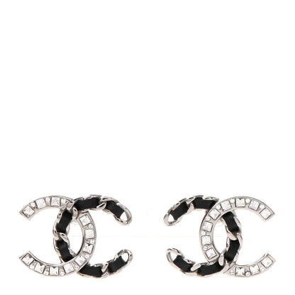 Chanel Crystal Baguette Lambskin Large CC Earrings Silver Black 1 of 6