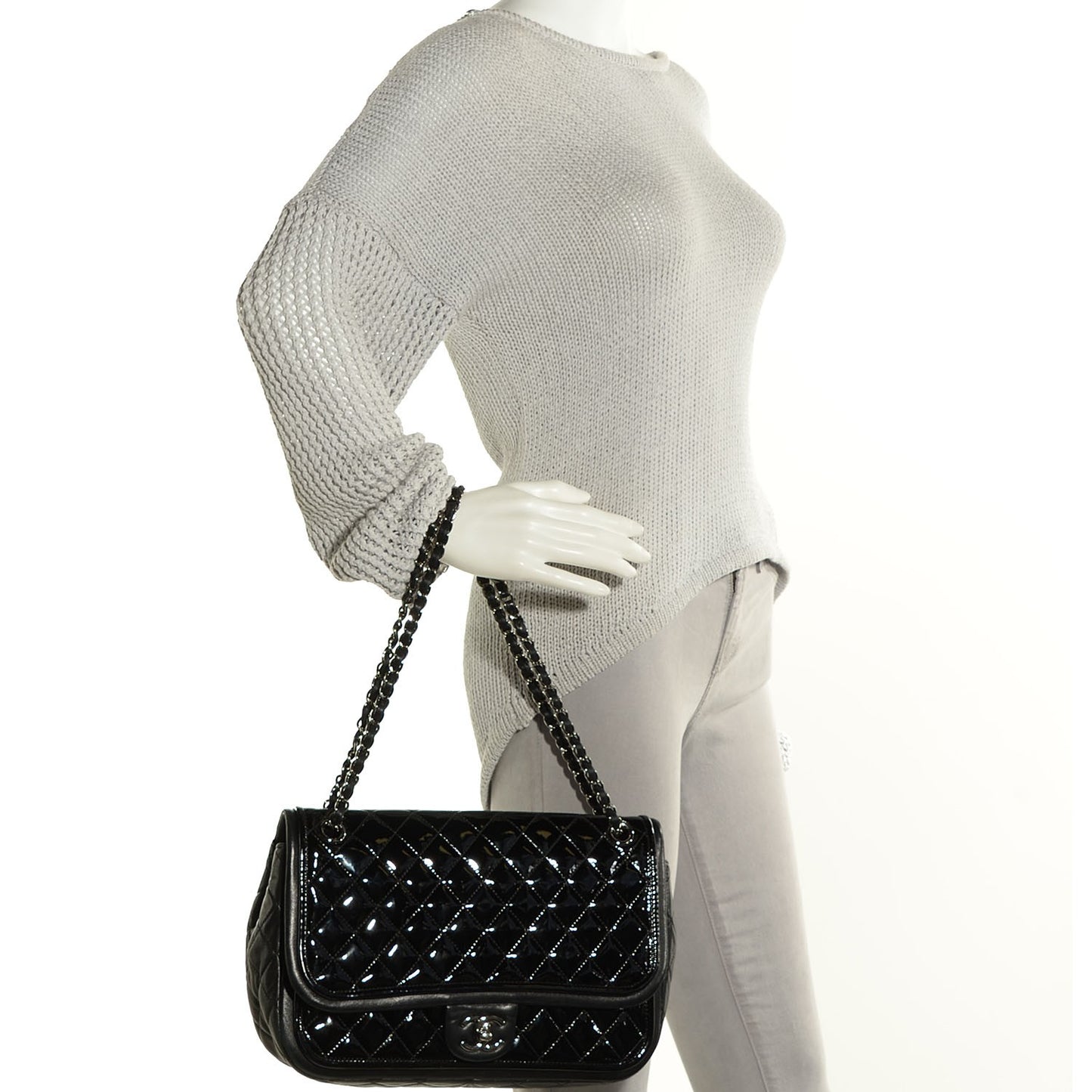 Patent Quilted Jumbo Classic Twist Flap Bag Black