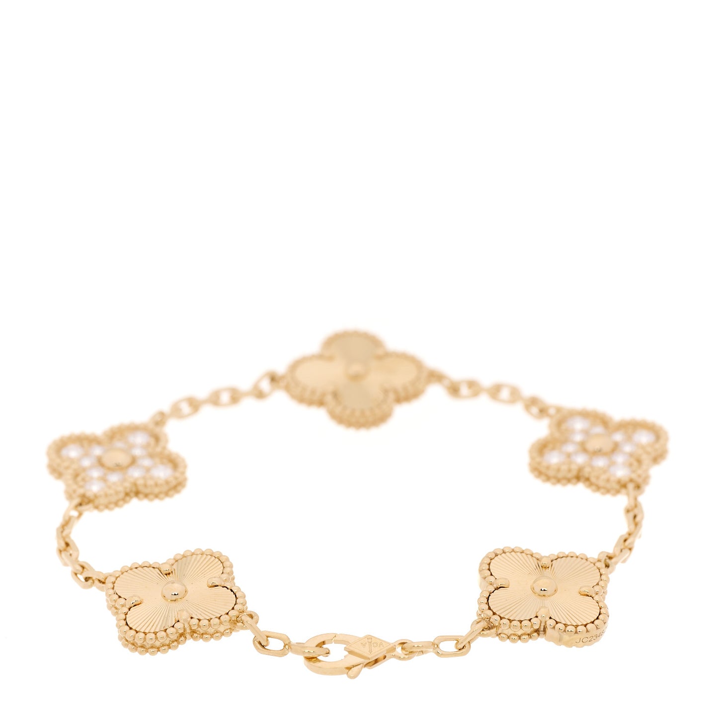 18K Yellow Gold Diamond 5 Motifs Guilloche Vintage Alhambra Bracelet