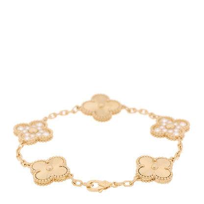 Van Cleef & Arpels 18K Yellow Gold Diamond 5 Motifs Guilloche Vintage Alhambra Bracelet 3 of 7
