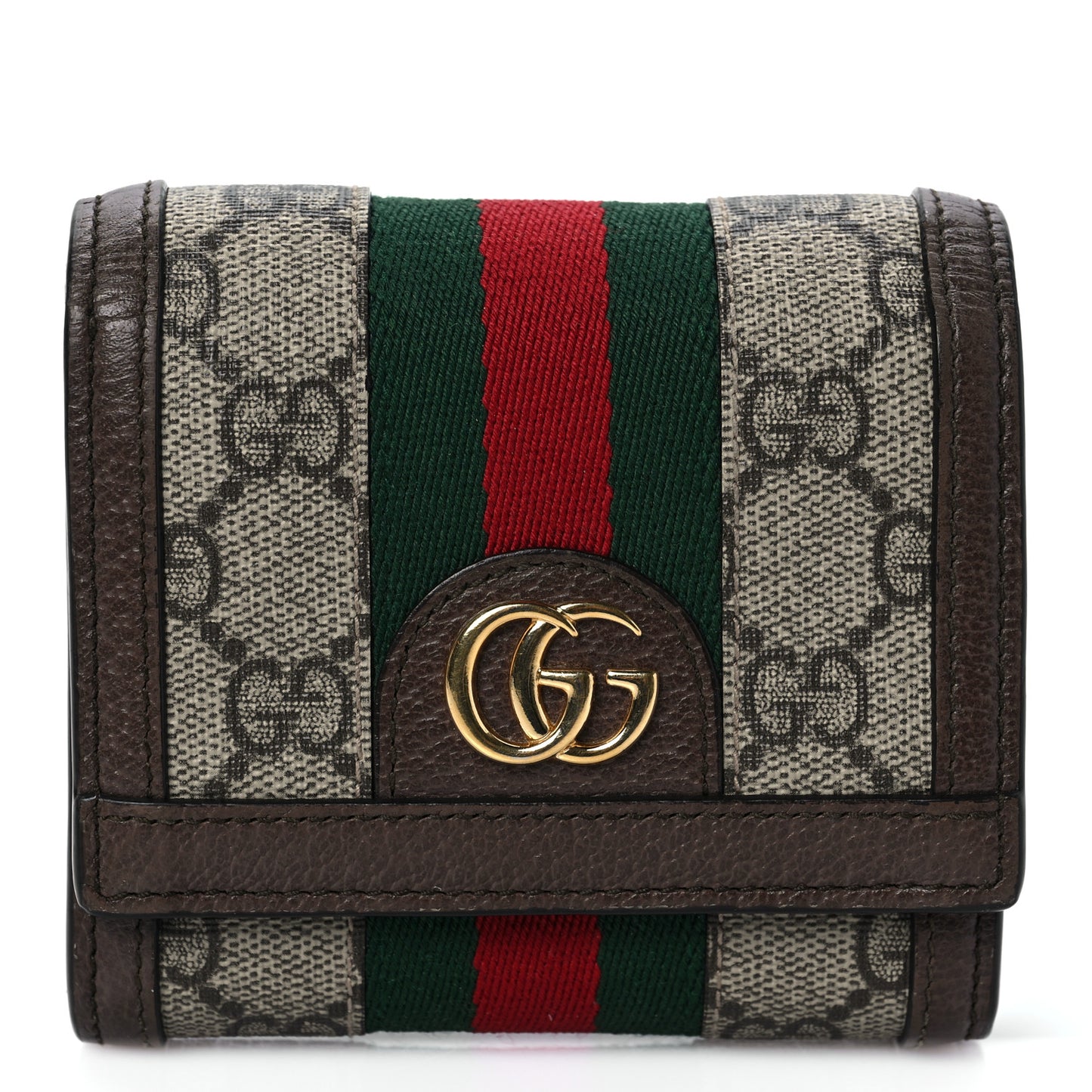 GG Supreme Monogram Textured Calfskin Web Ophidia Card Case Wallet Beige Ebony New Acero