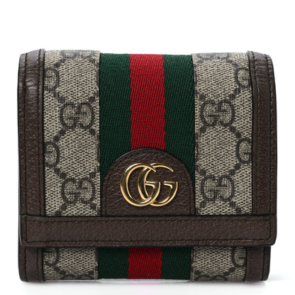 Gucci GG Supreme Monogram Textured Calfskin Web Ophidia Card Case Wallet Beige Ebony New Acero 1 of 6