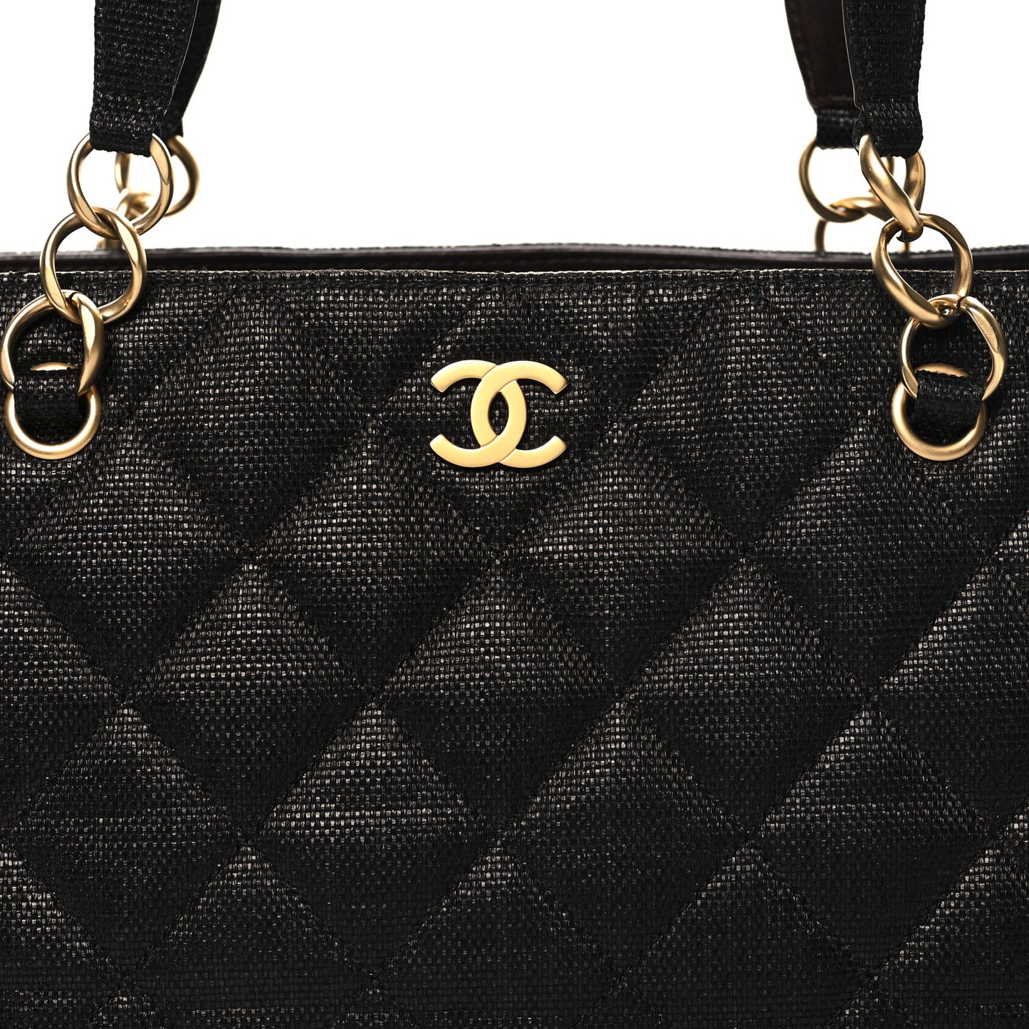 Woven Straw Quilted Shopping Tote Black