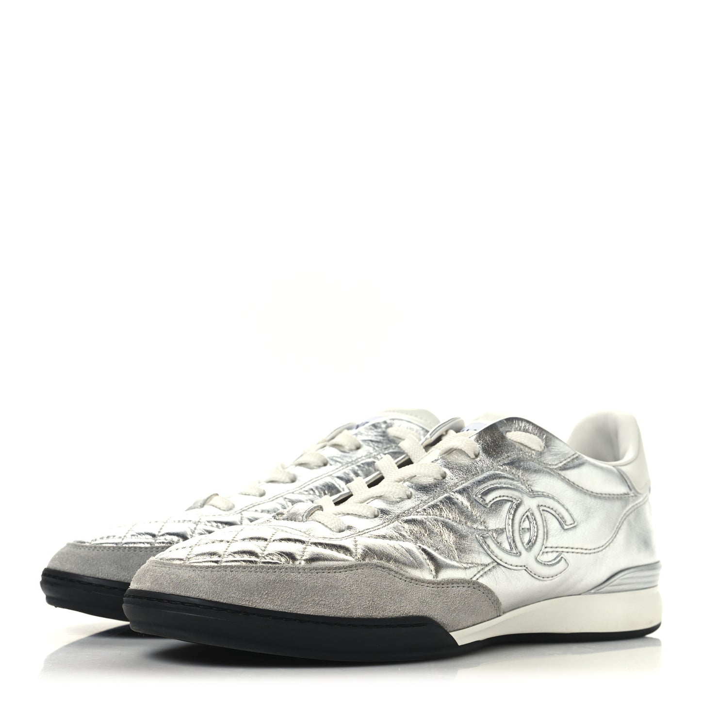 Laminated Calfskin Suede Quilted Womens CC Sneakers 41 Silver White Gray