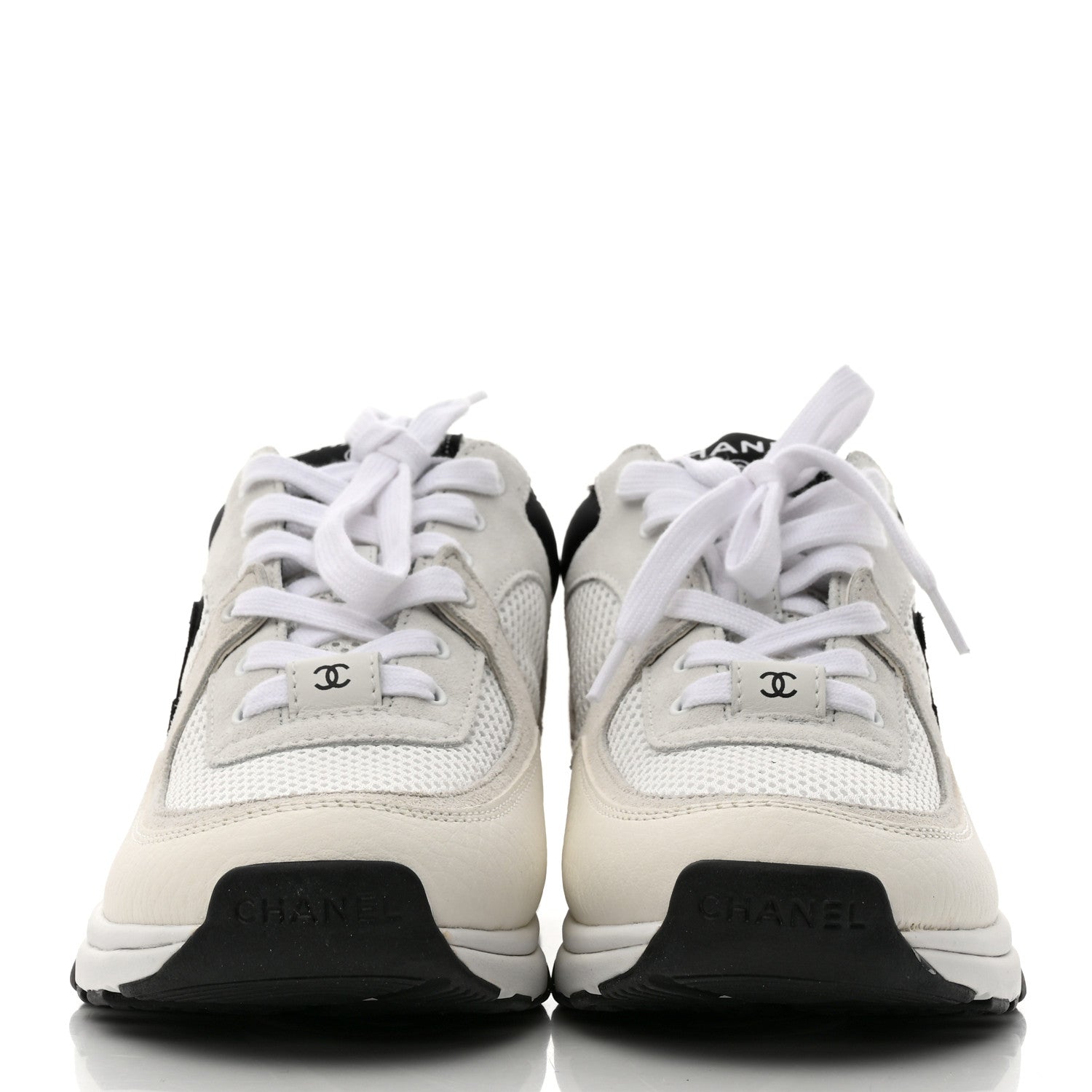 Chanel Mesh Suede Calfskin Grained Calfskin Womens CC Sneakers 37.5 White Black 2 of 9