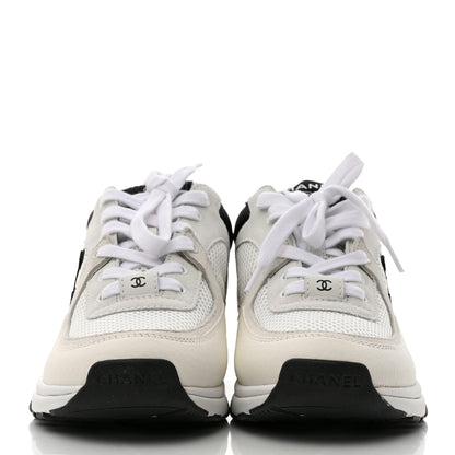 Chanel Mesh Suede Calfskin Grained Calfskin Womens CC Sneakers 37.5 White Black 2 of 9