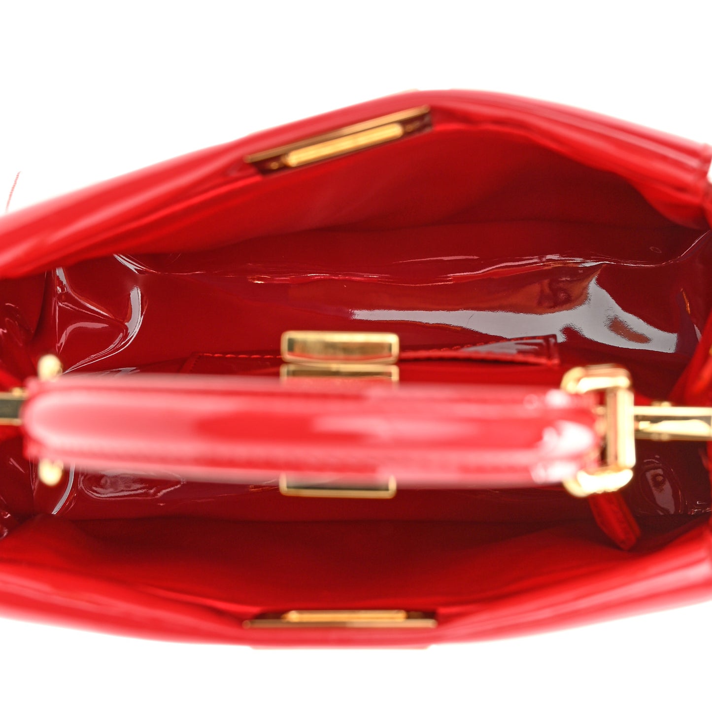 Vitello Vernice Mou Mini Peekaboo Iconic Satchel Rosso Cardinale