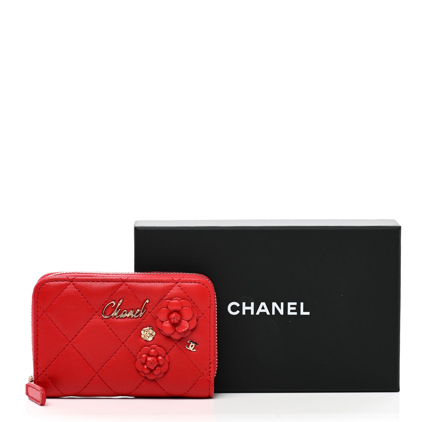 Lambskin Quilted Camellia Zip Coin Purse Red