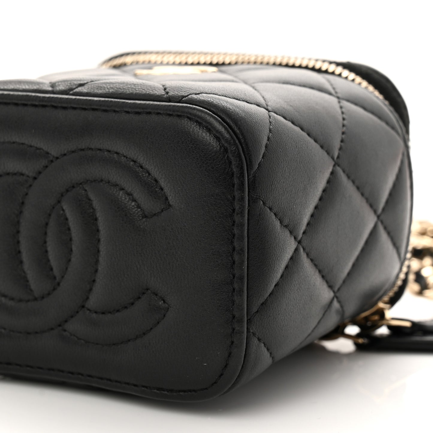 Lambskin Quilted Top Handle Mini Vanity Case With Chain Black