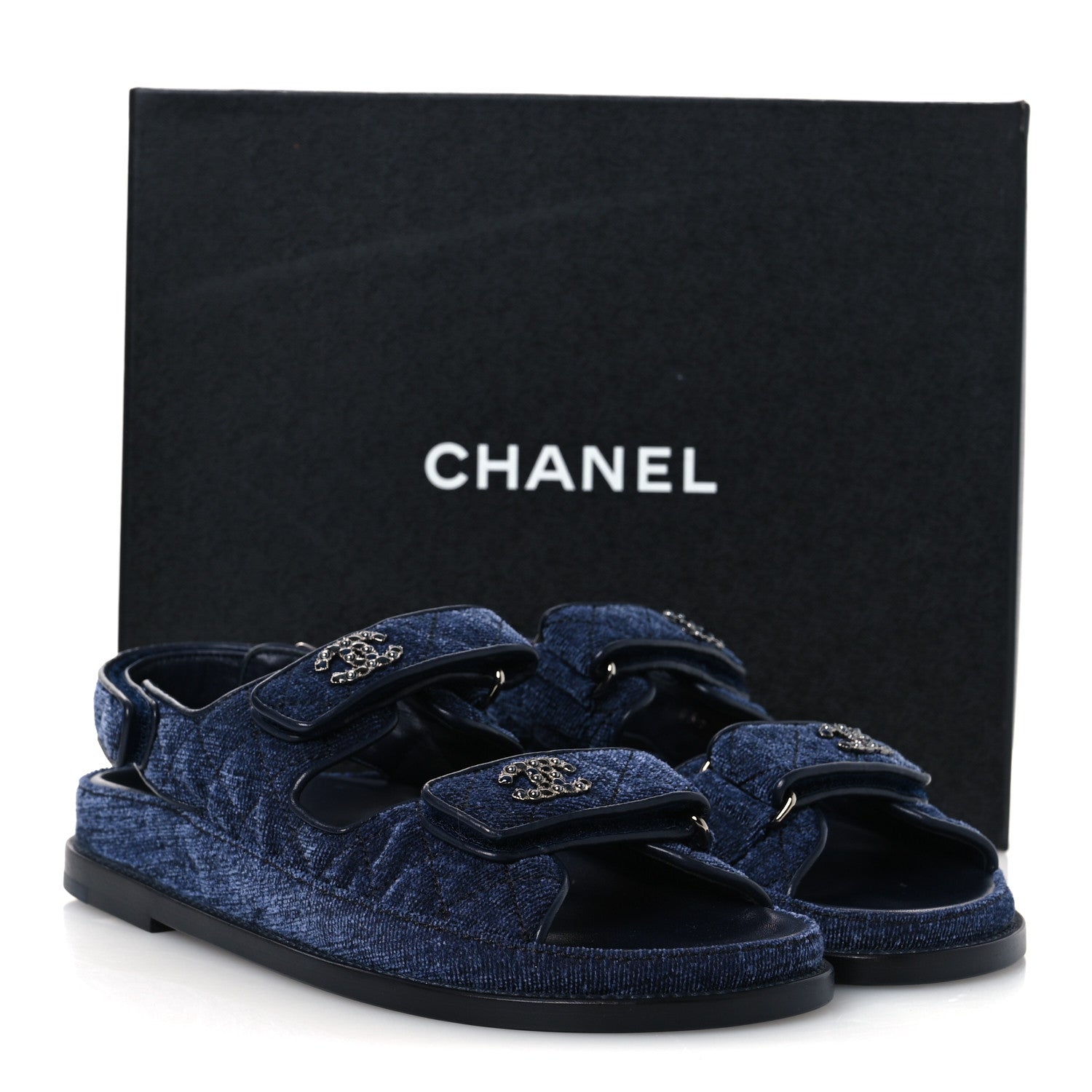 Chanel Velvet Velcro Dad Sandals 37.5 Blue 12 of 12