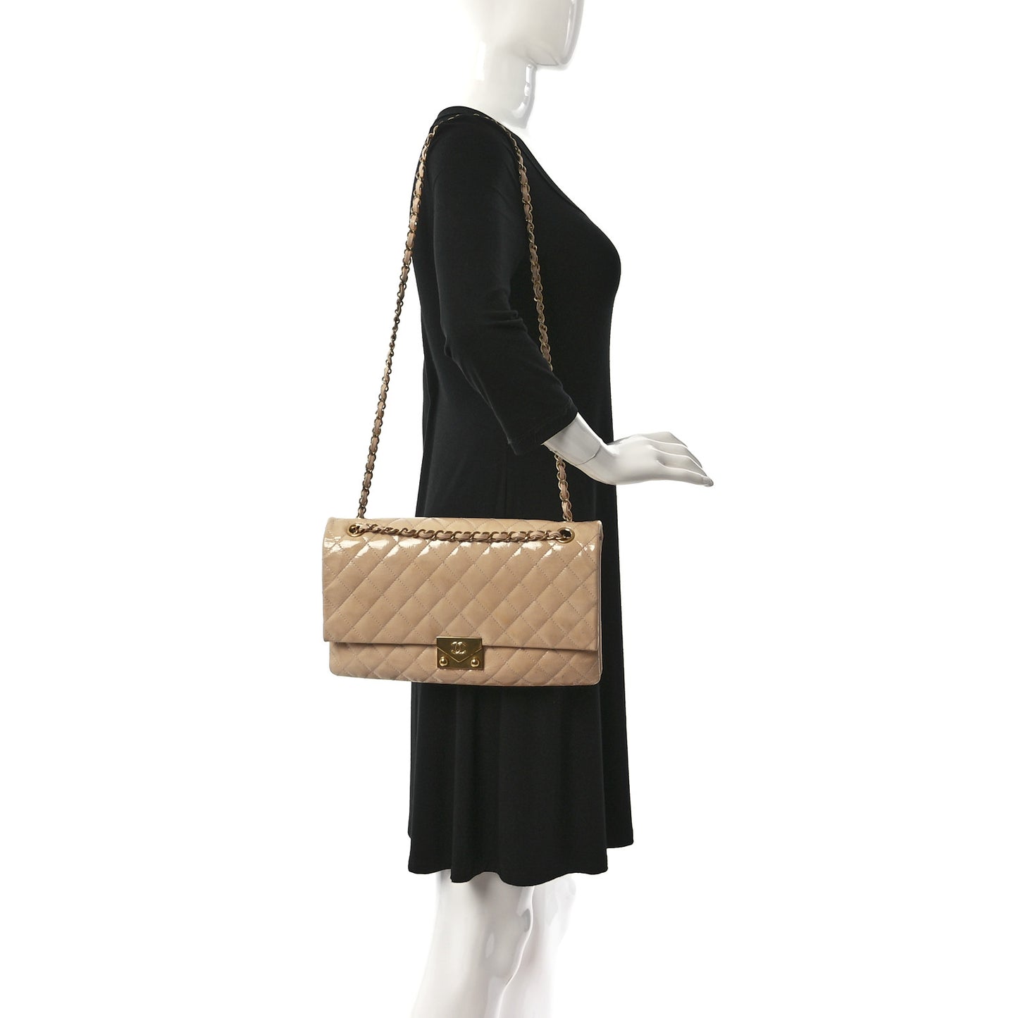 Patent Goatskin Quilted 3 Pocket Accordion Flap Beige