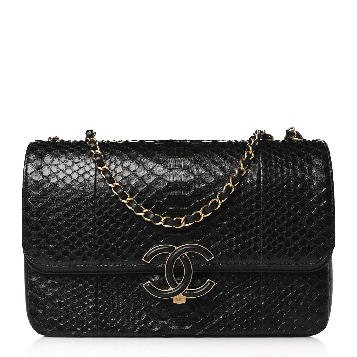 Snakeskin Lambskin Medium Enamel CC Flap Black
