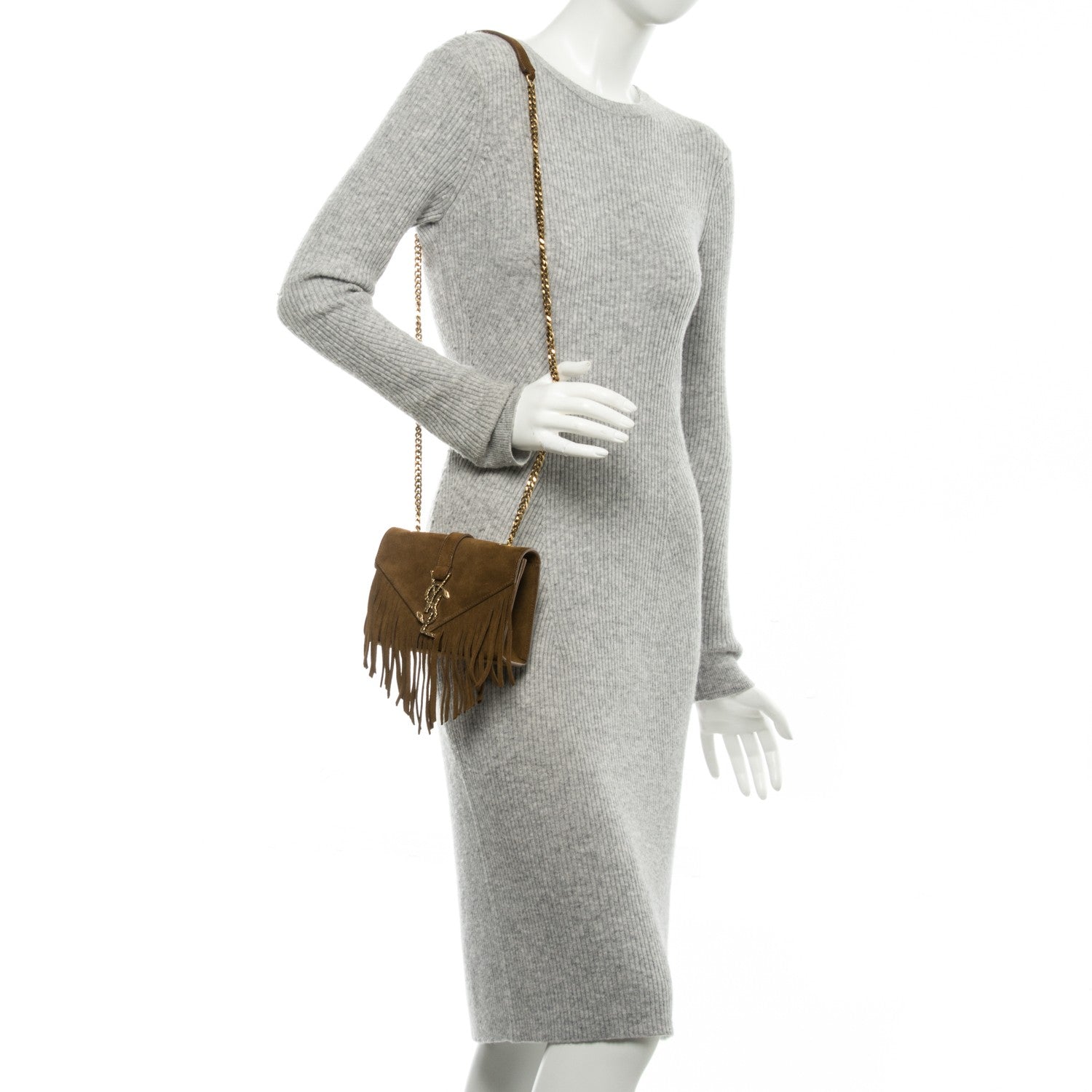 Saint Laurent Suede Fringe Small Monogram Satchel Light Ocre 2 of 6