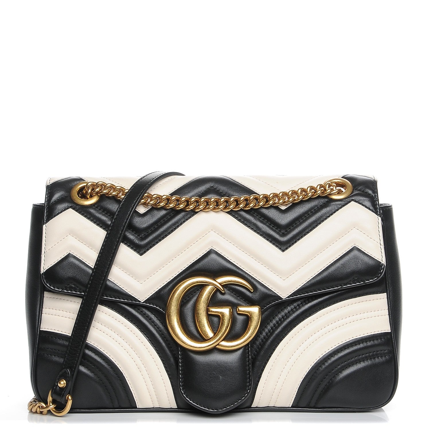 Gucci Calfskin Matelasse Medium GG Marmont Shoulder Bag Black White 1 of 7