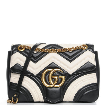 Gucci Calfskin Matelasse Medium GG Marmont Shoulder Bag Black White 1 of 7